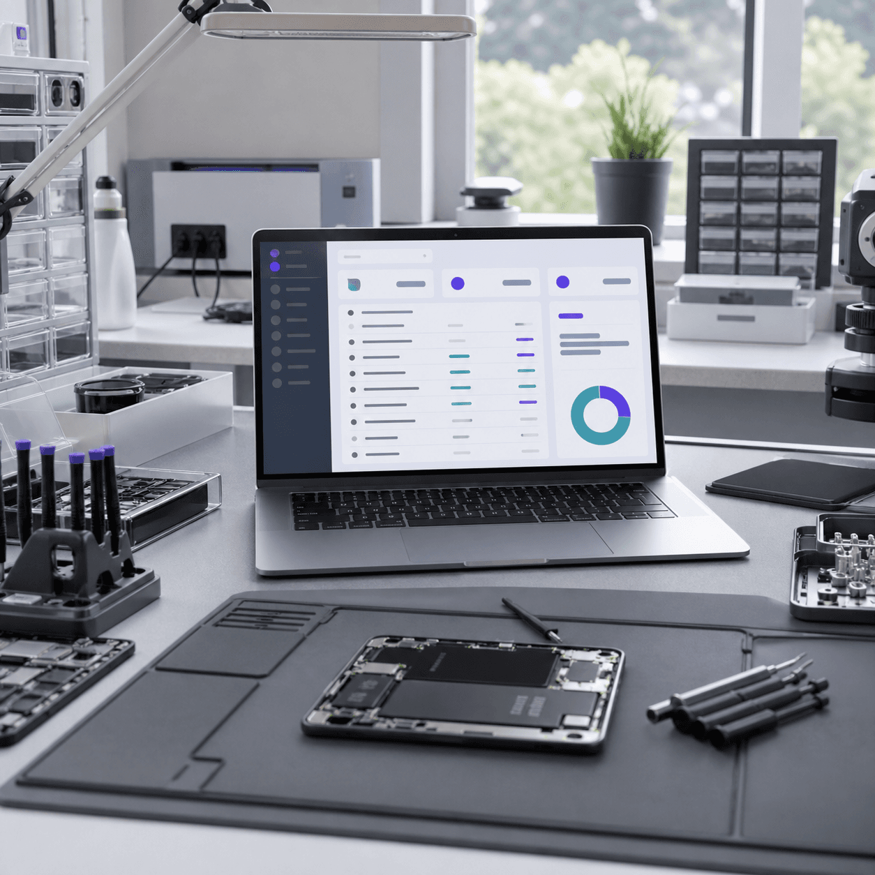 Servisní pracovní stůl s opravovaným telefonem a interním dashboardem na notebooku.