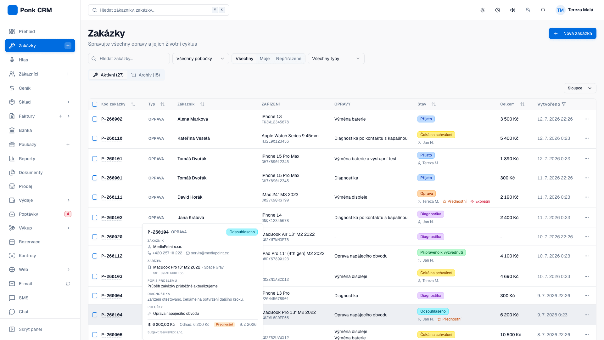 Seznam zakázek v Ponk CRM s otevřeným náhledem detailu konkrétní opravy