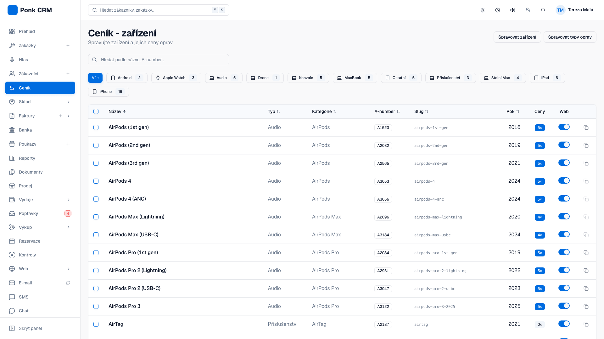 Ceník zařízení v Ponk CRM se sloupcem Web, kde se u každé položky přepíná publikace na web