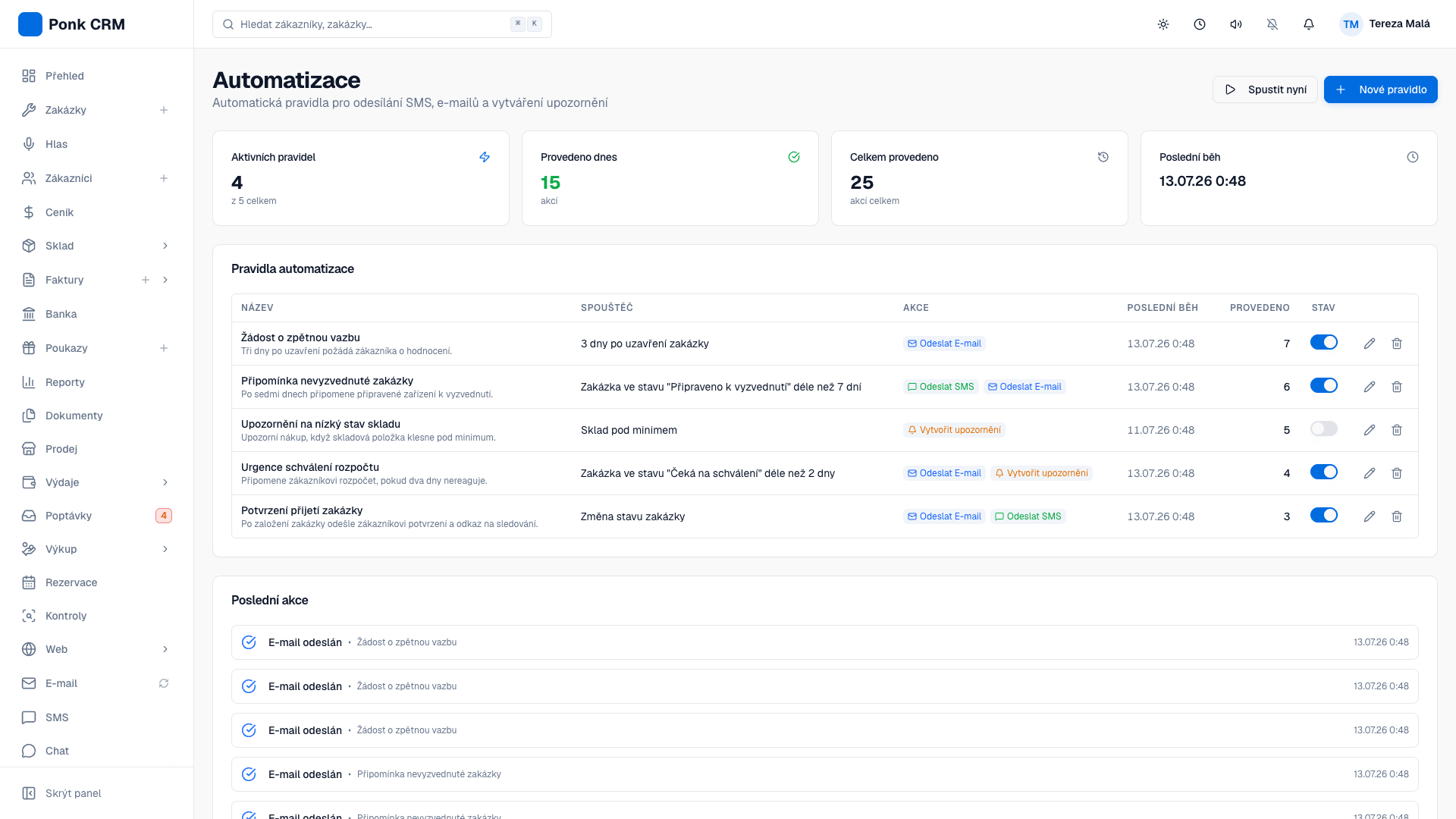 Automatizace v Ponk CRM s pravidly, spouštěči a historií provedených akcí