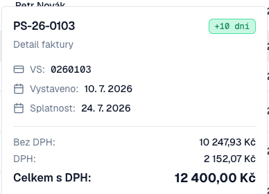 Náhled faktury s variabilním symbolem, datem vystavení, splatností, základem, DPH a celkovou částkou