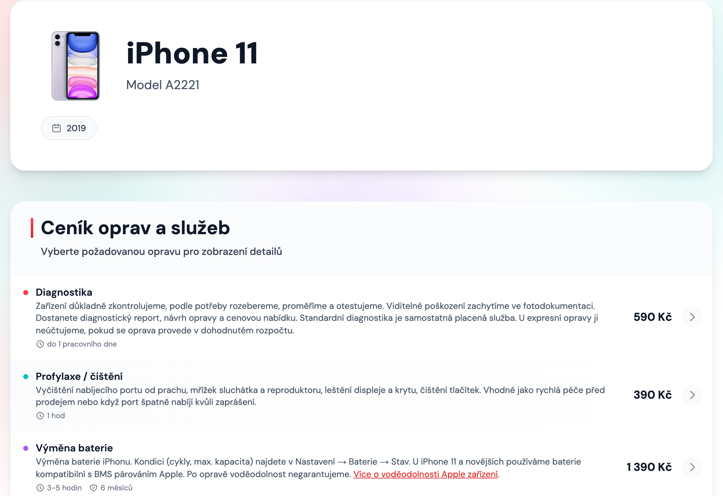 Stránka iPhone 11 na macdoktor.cz s modelem A2221 a cenami jednotlivých oprav