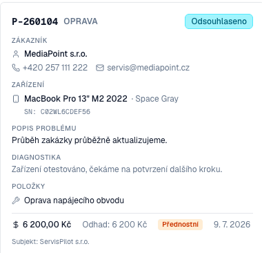 Náhled zakázky se zákazníkem, zařízením, popisem problému, diagnostikou, položkami a cenou