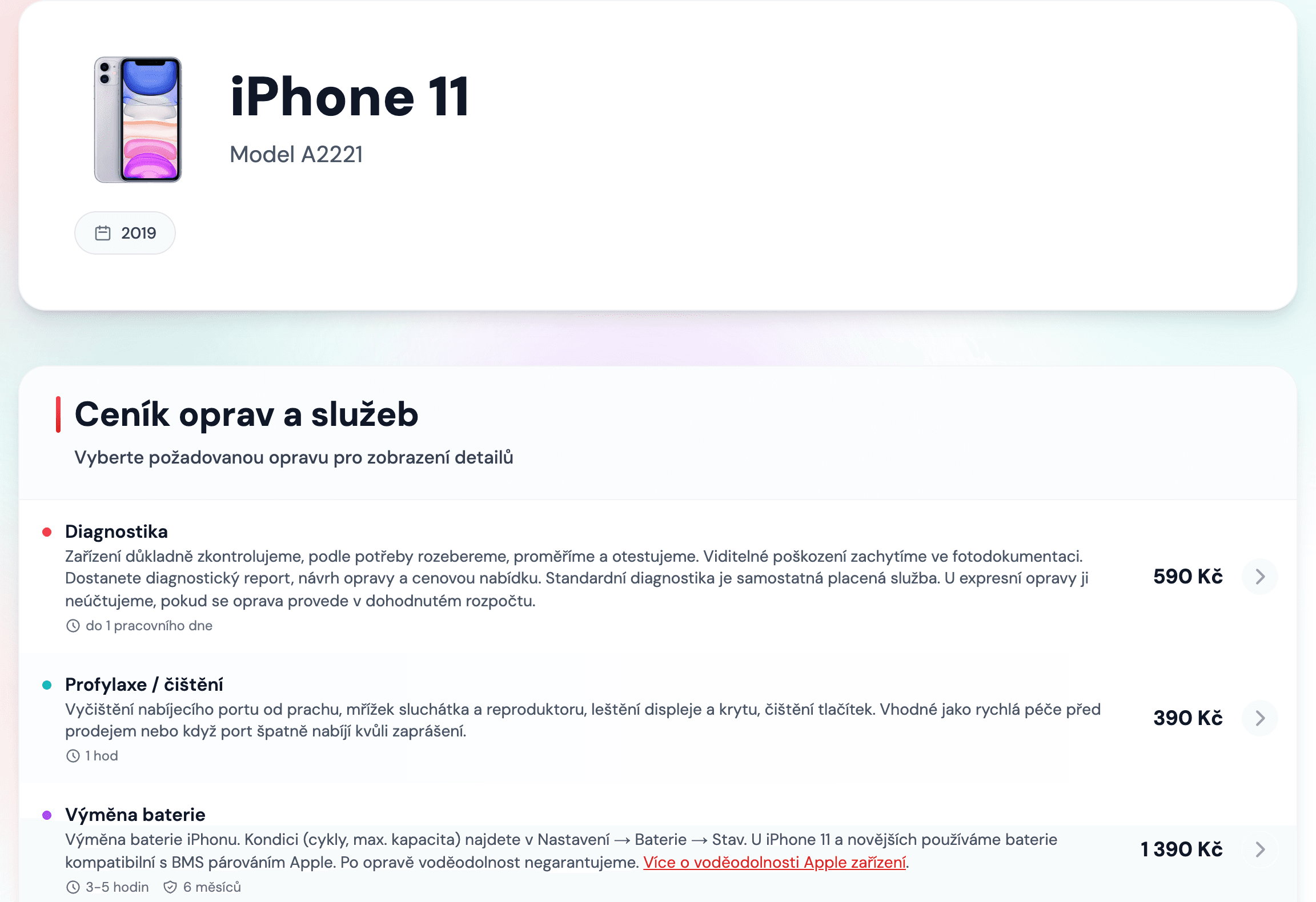 Stránka iPhone 11 na macdoktor.cz s modelem A2221 a cenami diagnostiky, čištění a výměny baterie